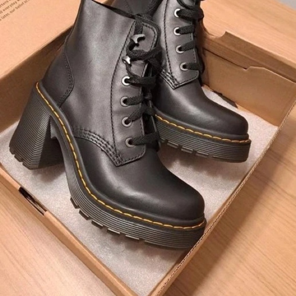Dr. Martens Black Heeled Boots with Yellow Stitching